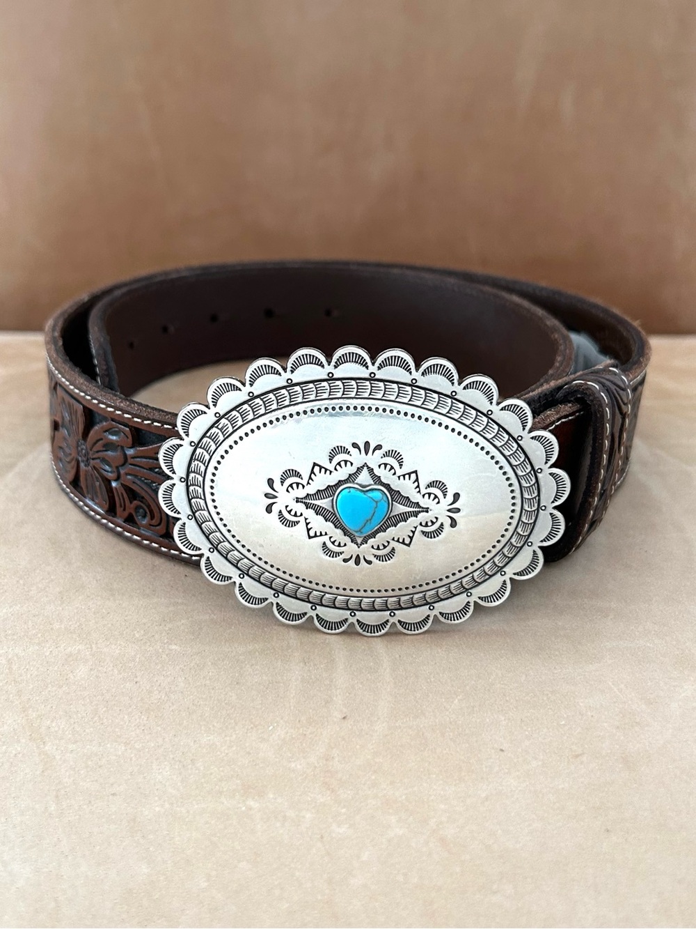 Idyllwind Genuine Brown Leather Tooled Silver Turquoise Buckle Belt NWT Size M